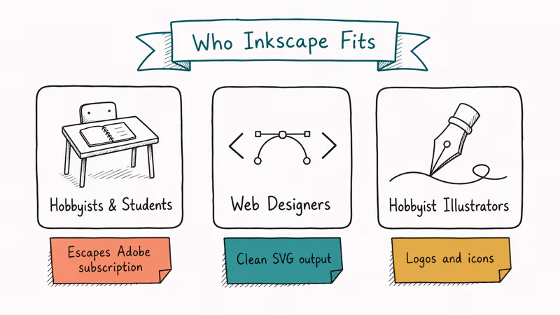 Three hand-drawn cards labeling Inkscape audiences hobbyists web designers and illustrators with feature notes