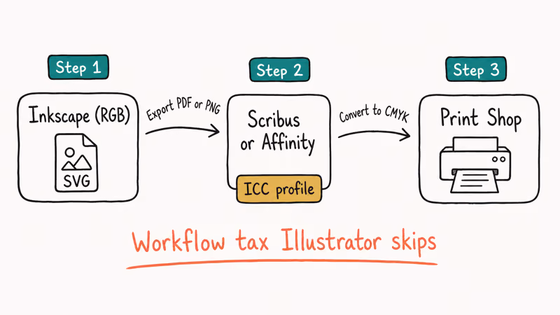 Hand-drawn three step flowchart showing Inkscape RGB export Scribus CMYK convert print shop