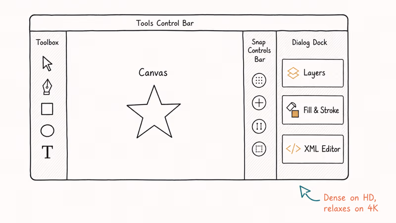 Hand-drawn diagram of Inkscape window labeling toolbox control bar snap controls dialog dock canvas