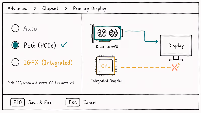 Hand-drawn BIOS chipset menu showing Primary Display options Auto, PEG PCIe, and IGFX integrated graphics