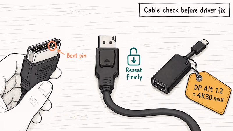 Desktop scene inspecting bent HDMI pin beside DisplayPort cable and adapter
