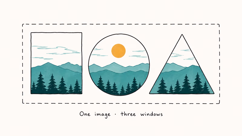 Three merged shapes containing a single continuous landscape image like a stencil cutout view.