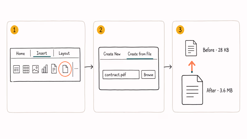 Word flow embedding a PDF object as file size grows sharply