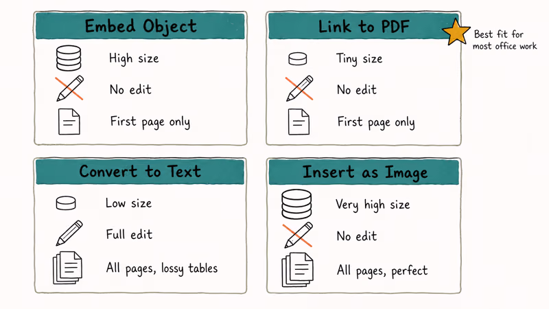 Four PDF insertion methods compared by size editability and page handling