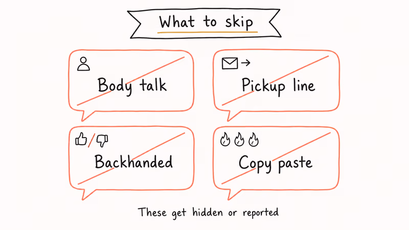 Hand-drawn grid of four risky Instagram comment types each crossed out as patterns to avoid.