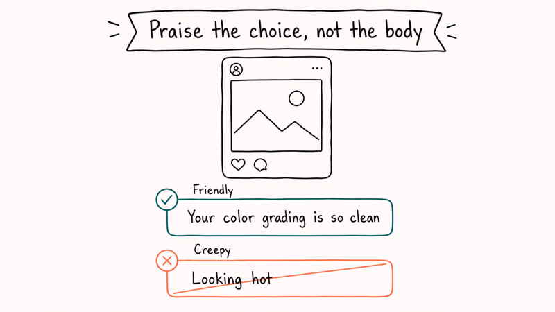 Hand-drawn Instagram comparison showing a friendly choice-based comment approved versus a body-focused comment rejected.