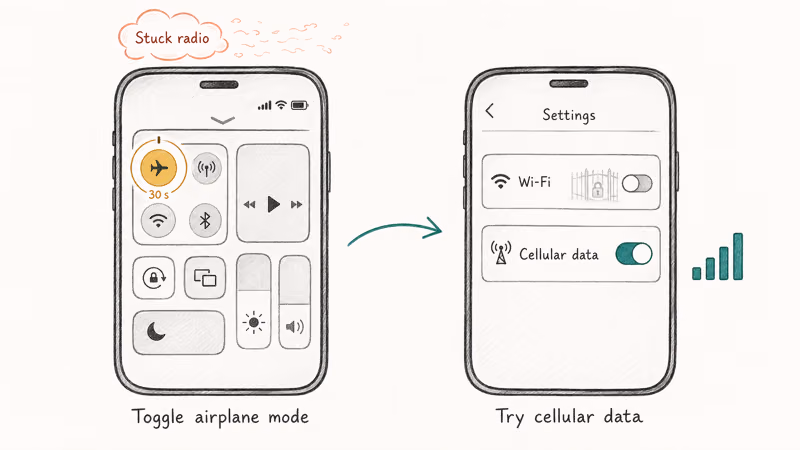 Airplane mode and Wi-Fi toggles shown as quick Instagram network fixes.