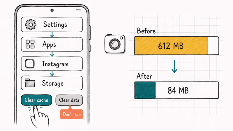 Instagram cache clear path showing storage shrinking after cleanup.
