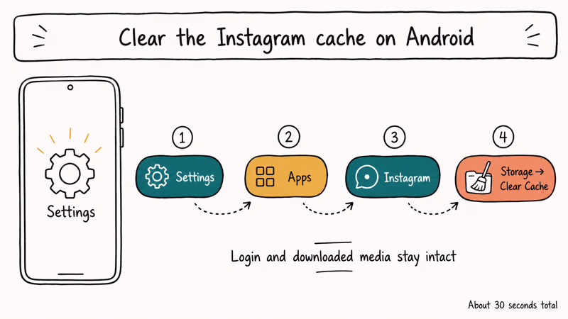 Four step Android settings path showing how to reach the Instagram clear cache option safely