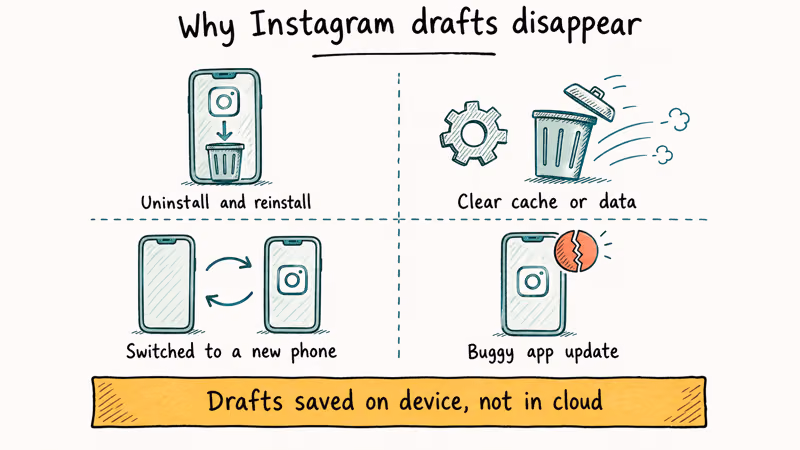 Four-quadrant infographic of reasons Instagram drafts disappear including reinstall and cache clear.