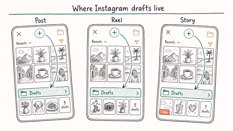 Three Instagram phone screens showing where post, Reel, and Story drafts are located.