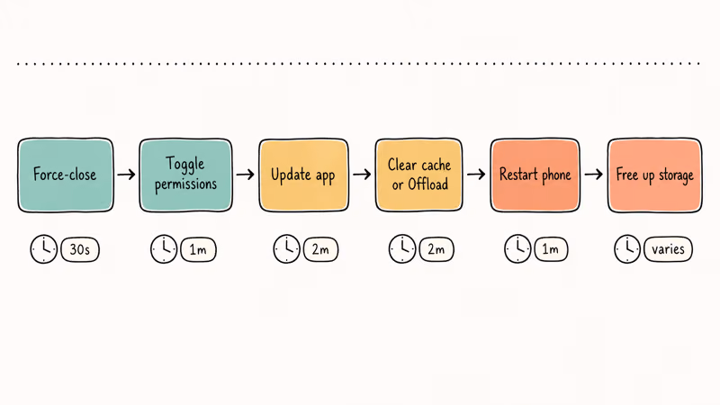 Hand-drawn flowchart showing six Instagram filter fixes in fastest to slowest recovery order.