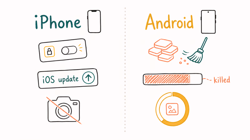 Side-by-side hand-drawn comparison of iPhone and Android Instagram filter failure patterns.