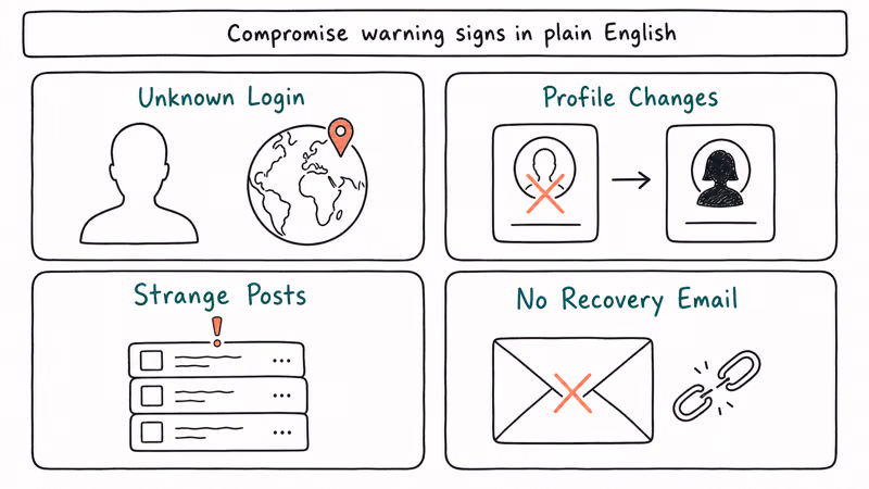 Four card grid showing Instagram compromise warning signs unknown login profile changes strange posts and missing recovery email.
