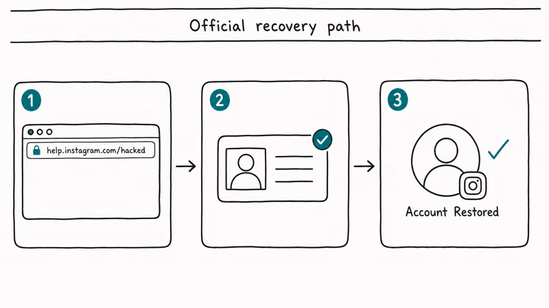 Three step Instagram official recovery flow showing hacked help URL identity verify card and restored account profile.