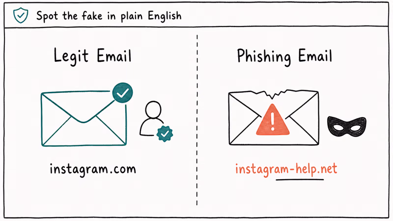 Two column comparison showing legit Instagram email versus phishing email with misspelled domain and impersonation mark.