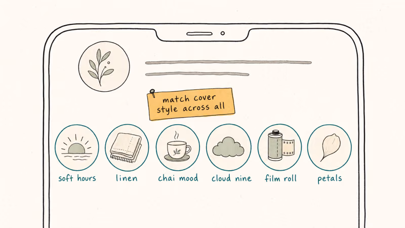 Instagram profile row with matching highlight bubbles and lowercase labels