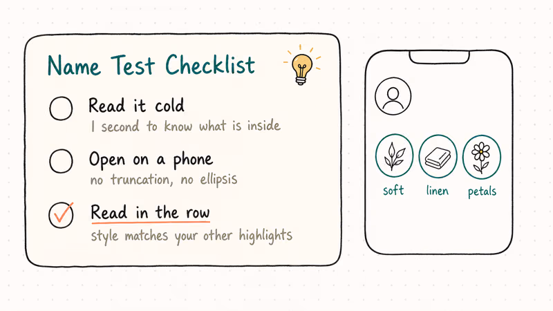 Hand-drawn checklist card lists three Instagram highlight name tests with a small phone preview alongside