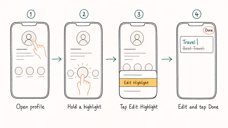 Four phone screens show the step-by-step Instagram flow to rename an existing highlight title
