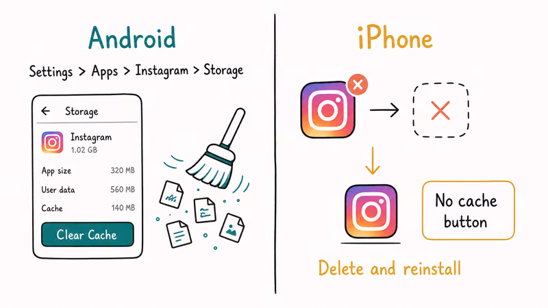 Diagram comparing clearing Instagram cache on Android versus reinstalling the app on iPhone