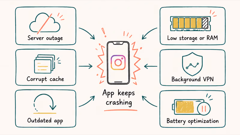Hand-drawn chart showing six common reasons Instagram keeps crashing on phones