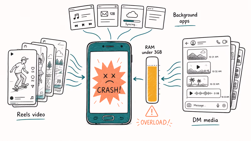 Drawing of a low-memory phone struggling to load Instagram Reels and DM media