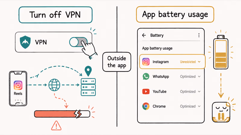 Illustration of turning off a VPN and disabling Android battery optimization for Instagram
