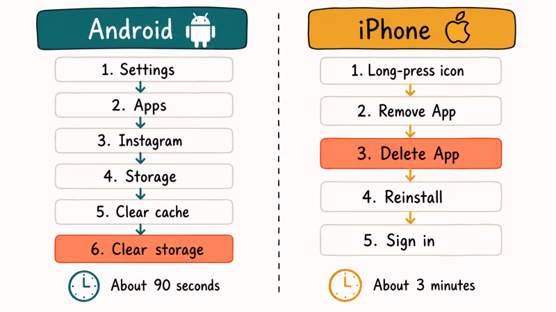 Chart comparing Android cache clear steps and iPhone uninstall steps for resetting Instagram music.