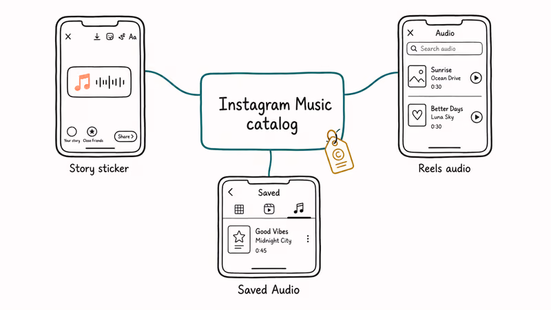 Instagram Story Reels and saved audio linked to one music catalog.