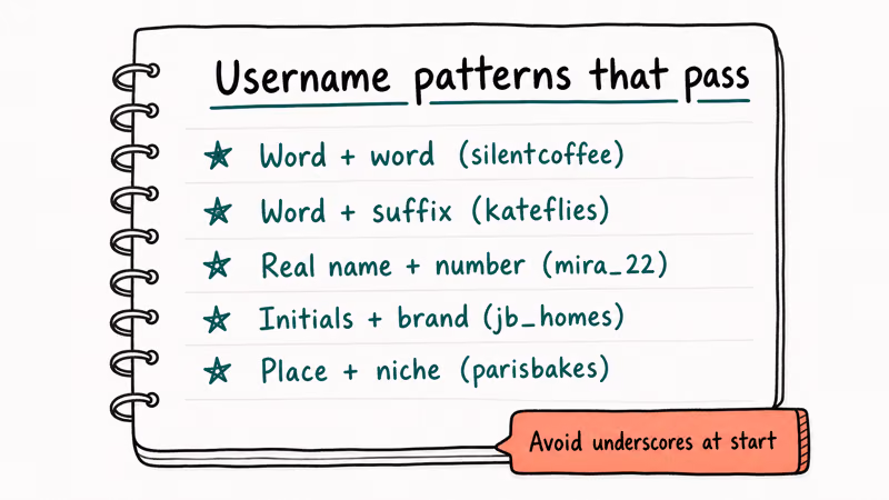 Notebook page with five teal username pattern lines for Instagram including word combos and place niche options