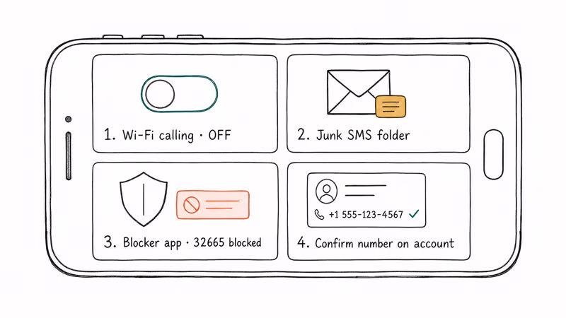 Wi-Fi calling blocker app and junk folder checkpoints for SMS codes.