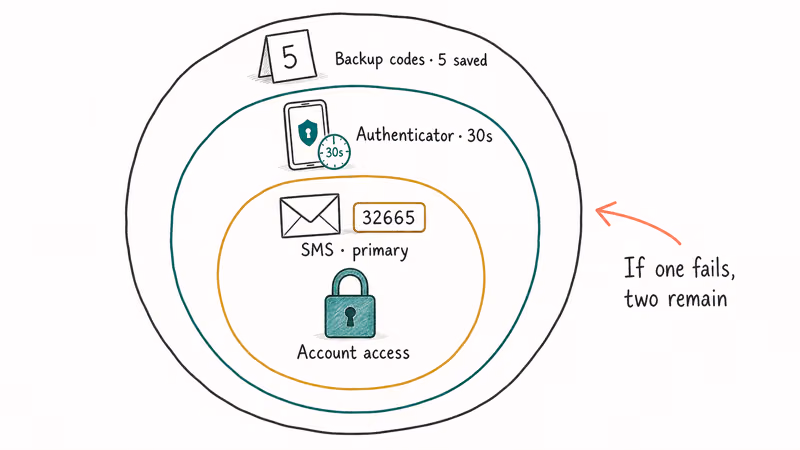 SMS authenticator and backup code layers protect an Instagram account.
