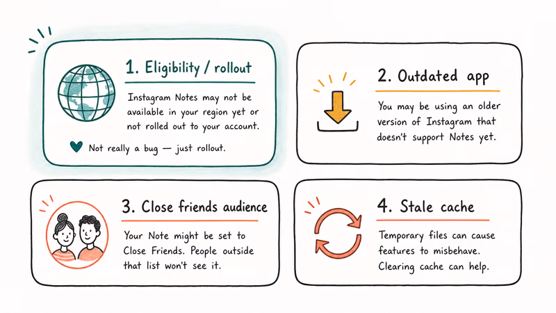 Four common reasons Instagram Notes fail shown as labeled cards with teal accents