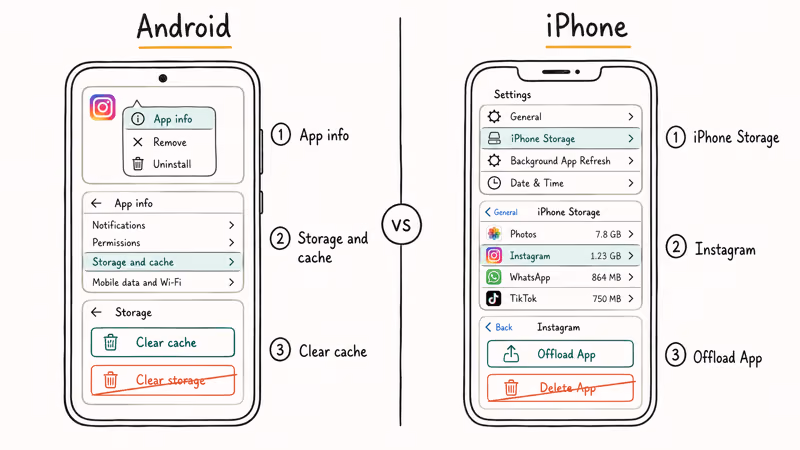 Side-by-side Android Clear Cache and iPhone Offload App path comparison.