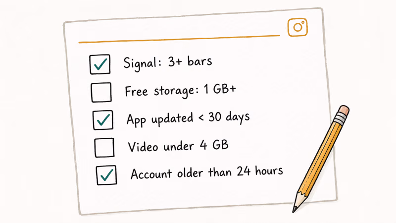 Hand-drawn checklist of five Instagram upload requirements to verify before troubleshooting.