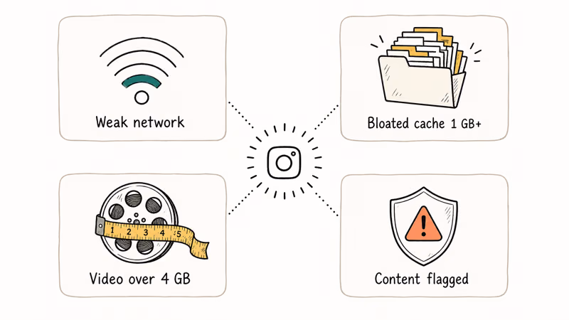 Diagram showing four common reasons an Instagram post gets stuck on sending.