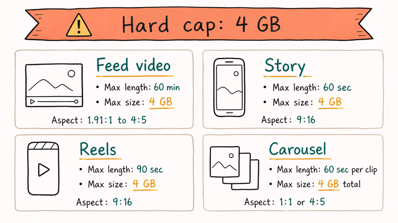 Four tiles showing Instagram feed, Story, Reels, and Carousel maximum length and file size.