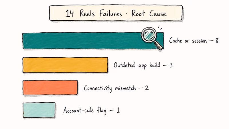 Fourteen Reels failures grouped by root cause with cache issues most common.