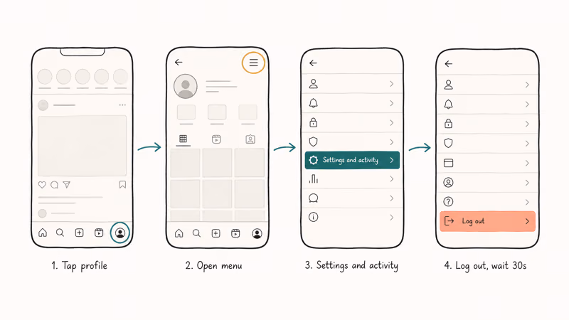 Hand-drawn four-frame phone walkthrough showing the Instagram log-out path from profile tap to confirm.