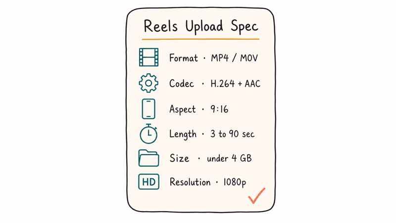 Reels upload spec card showing codec aspect ratio length size and resolution.