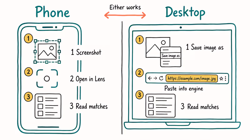 Phone and desktop panels compare reverse image search steps.