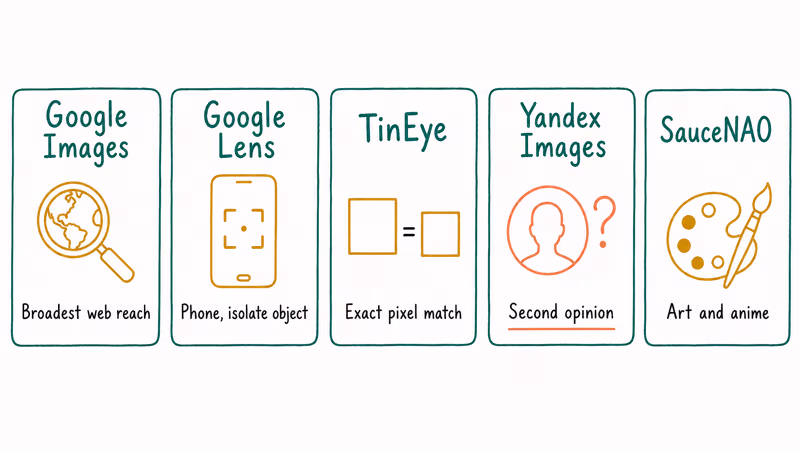 Five labeled cards comparing Google Images, Lens, TinEye, Yandex Images, and SauceNAO reverse search tools.