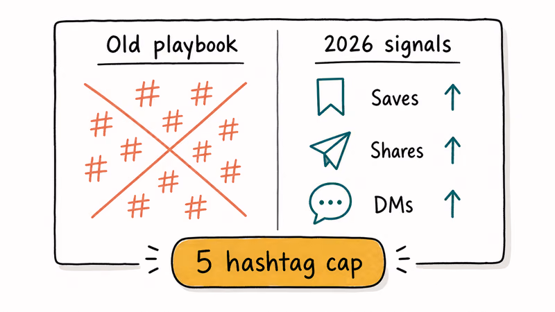 Outdated hashtag spam versus 2026 Instagram signals favoring saves, shares, and fewer hashtags