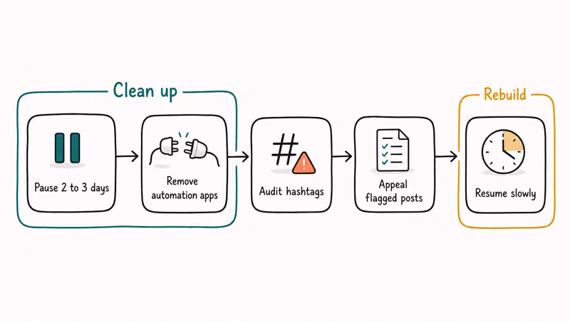 Five-step Instagram recovery flow from pausing activity through removing automation to resuming posting slowly