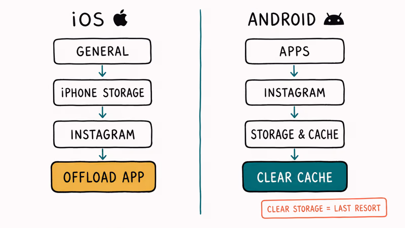 Side-by-side comparison shows iOS Offload App path next to Android Clear cache path.
