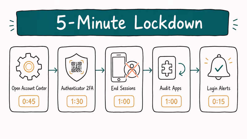 Five hand-drawn steps with timings showing how to harden an Instagram account in five minutes.
