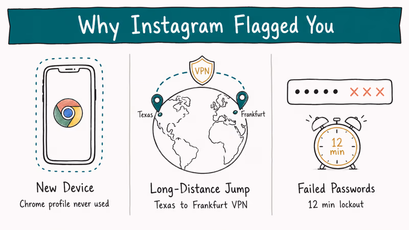 Three hand-drawn panels showing new device, long-distance VPN jump, and repeated failed Instagram password attempts.