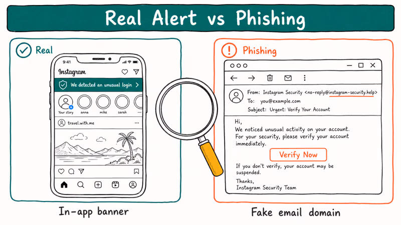Genuine Instagram banner compared with phishing email and fake security domain.