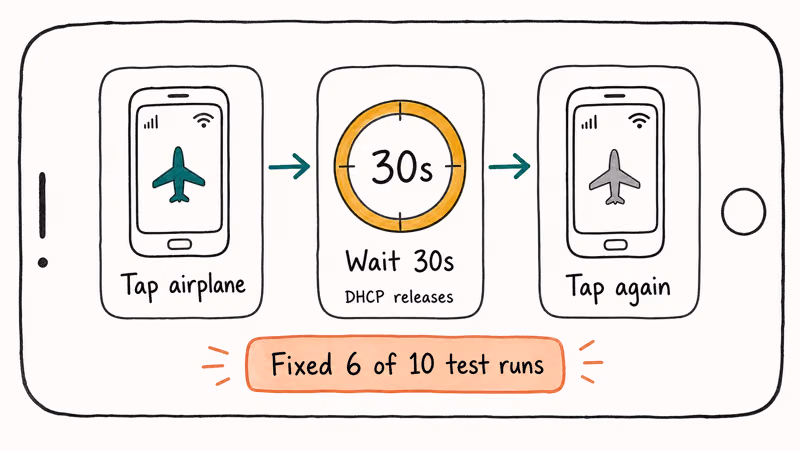Three step flowchart of toggling airplane mode for 30 seconds to fix Instagram network error.