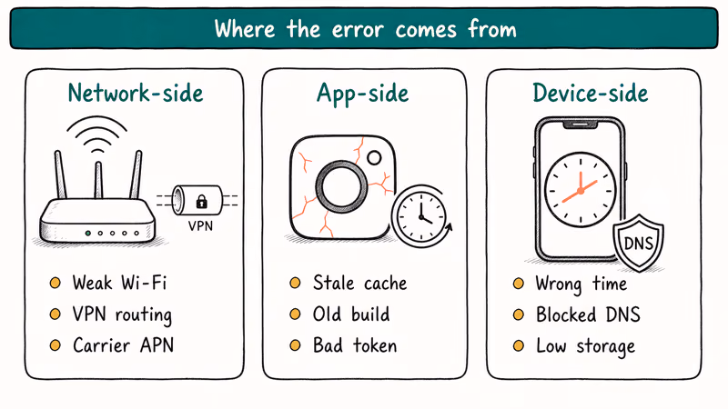 Three column infographic showing network, app, and device causes of Instagram unknown network error.